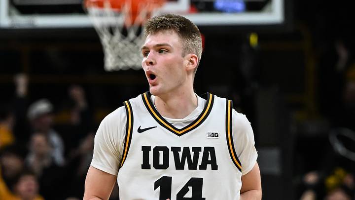 Jan 28, 2026; Iowa City, Iowa, USA; Iowa Hawkeyes guard Bennett Stirtz (14) reacts during the second half against the Southern California Trojans at Carver-Hawkeye Arena. Mandatory Credit: Jeffrey Becker-Imagn Images
