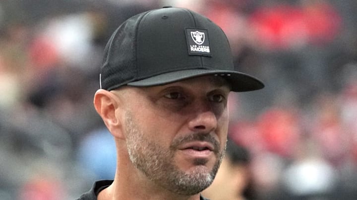 Jan 4, 2026; Paradise, Nevada, USA; Las Vegas Raiders general manager John Spytek reacts during the game against the Kansas City Chiefs at Allegiant Stadium. Mandatory Credit: Kirby Lee-Imagn Images
