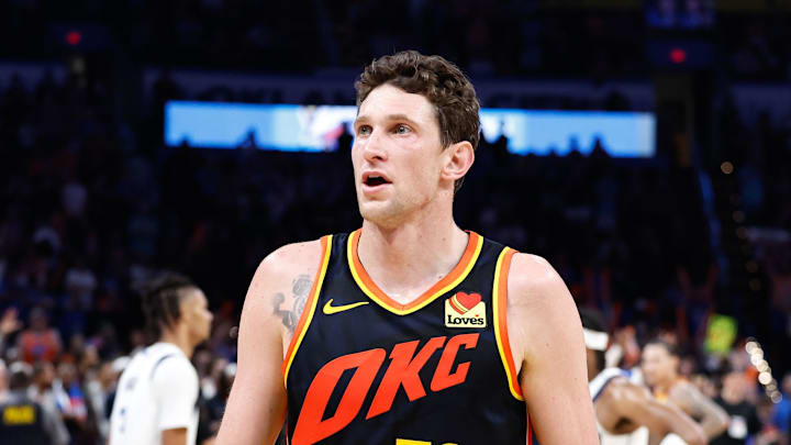 Apr 14, 2024; Oklahoma City, Oklahoma, USA; Oklahoma City Thunder center Mike Muscala (50) walks down the court after his team defeated the Dallas Mavericks at Paycom Center. Mandatory Credit: Alonzo Adams-Imagn Images
