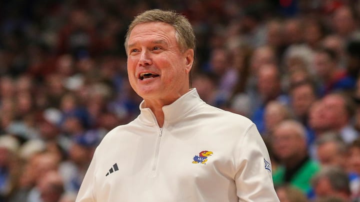 Jan 18, 2025; Lawrence, Kansas, USA; Kansas Jayhawks head coach Bill Self questions a call by the officials during the second half against the Kansas State Wildcats at Allen Fieldhouse. Mandatory Credit: Scott Sewell-Imagn Images
