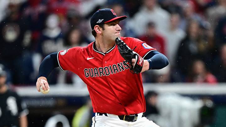 Oct 10, 2026; Cleveland, Ohio, USA;  Cleveland Guardians pitcher Gavin Williams (32) delivers a pitch during the first inning against the Cleveland Guardians in game five of the ALDS for the 2026 MLB Playoffs at Progressive Field.  Mandatory Credit: David Dermer-Imagn Images