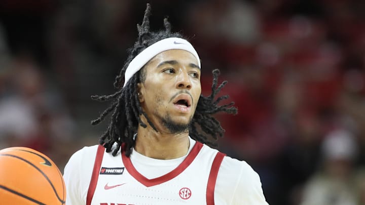 Jan 11, 2025; Fayetteville, Arkansas, USA; Arkansas Razorbacks guard Boogie Fland (2) dribbles during the first half against the Florida Gators at Bud Walton Arena. Mandatory Credit: Nelson Chenault-Imagn Images Jan 11, 2025; Fayetteville, Arkansas, USA; Arkansas Razorbacks guard Boogie Fland (2) dribbles during the first half against the Florida Gators at Bud Walton Arena. Mandatory Credit: Nelson Chenault-Imagn Images