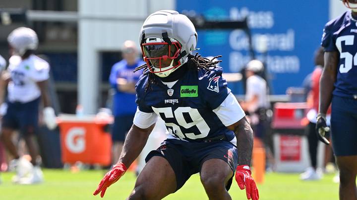 Jul 25, 2026; Foxborough, MA, USA; New England Patriots linebacker Khalil Jacobs (59) does a drill at training camp at Gillette Stadium. Mandatory Credit: Eric Canha-Imagn Images Jul 25, 2026; Foxborough, MA, USA; New England Patriots linebacker Khalil Jacobs (59) does a drill at training camp at Gillette Stadium. Mandatory Credit: Eric Canha-Imagn Images
