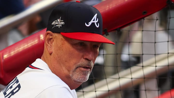  Atlanta Braves manager Brian Snitker (43) in the dugout against the New York Mets in the fifth inning at Truist Park.