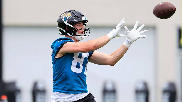 Jacksonville Jaguars tight end Nate Boerkircher (87) catches a pass during rookie minicamp at the Miller Electric Center, Saturday, May 9, 2026 in Jacksonville, Fla. Today was the second of a three day camp concluding Sunday. Jacksonville Jaguars tight end Nate Boerkircher (87) catches a pass during rookie minicamp at the Miller Electric Center, Saturday, May 9, 2026 in Jacksonville, Fla. Today was the second of a three day camp concluding Sunday.
