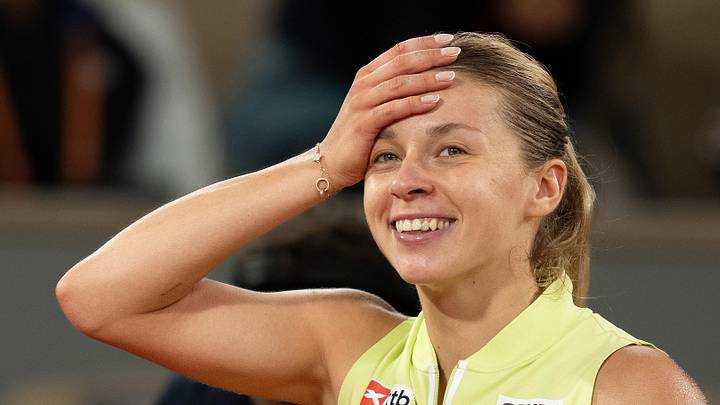 Maja Chwalinska reacts to a point at the French Open