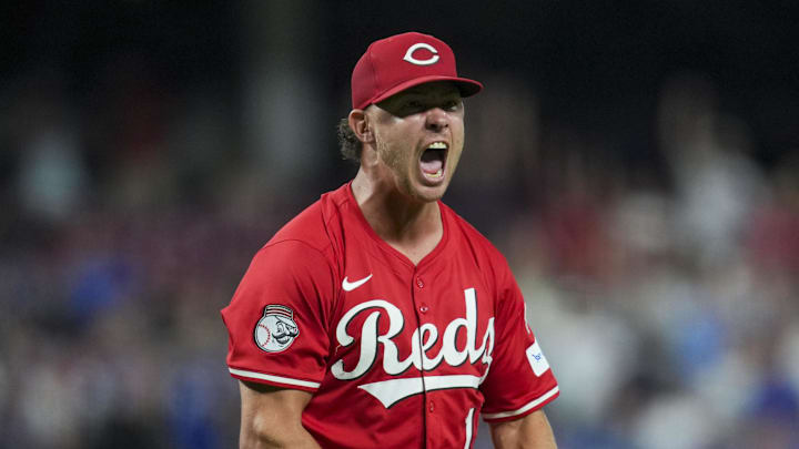 Cincinnati Reds pitcher Emilio Pagan (15) reacts Cincinnati Reds pitcher Emilio Pagan (15) reacts