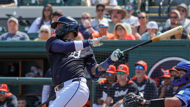 Mar 3, 2025; Lakeland, Florida, USA; Detroit Tigers second baseman Gleyber Torres (25) bats during the first inning against the Toronto Blue Jays at Publix Field at Joker Marchant Stadium.