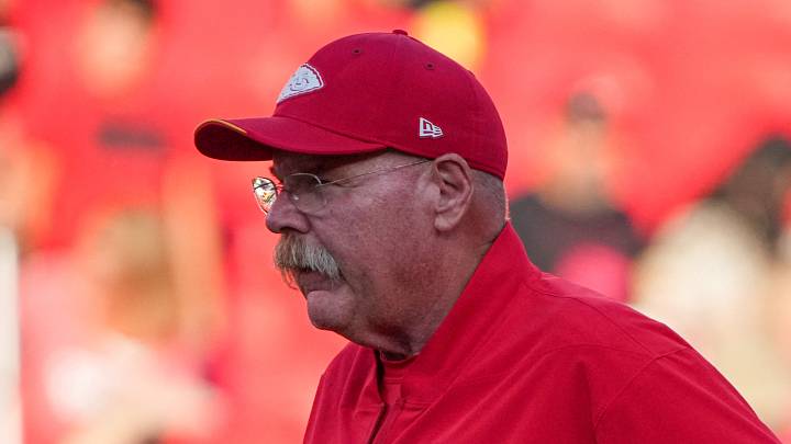 Aug 28, 2026; Kansas City, Missouri, USA; Kansas City Chiefs head coach Andy Reid watches warm ups against the Seattle Seahawks prior to the game at Arrowhead Stadium. Mandatory Credit: Denny Medley-Imagn Images
