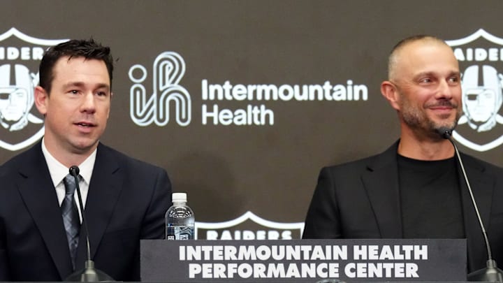 Las Vegas Raiders coach Klint Kubiak (left) and general manager John Spytek at introductory press conference.