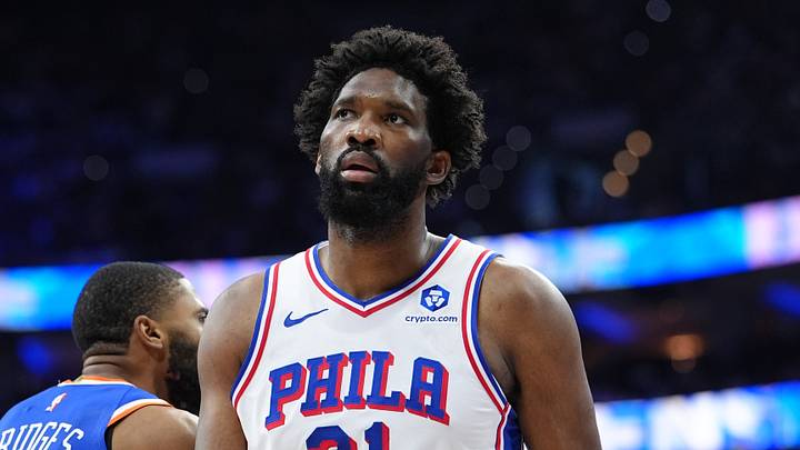 May 10, 2026; Philadelphia, Pennsylvania, USA; Philadelphia 76ers center Joel Embiid (21) reacts against the New York Knicks in the first quarter during game four of the second round of the 2026 NBA Playoffs at Xfinity Mobile Arena. Mandatory Credit: Kyle Ross-Imagn Images