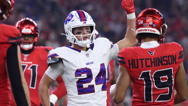 Nov 20, 2025; Houston, Texas, USA; Buffalo Bills safety Cole Bishop (24) reacts after a play against the Houston Texans in the second quarter at NRG Stadium. Mandatory Credit: Troy Taormina-Imagn Images