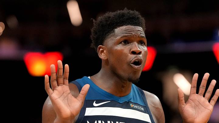 Mar 13, 2026; San Francisco, California, USA; Minnesota Timberwolves guard Anthony Edwards (5) reacts after the Timberwolves were called for a foul against the Golden State Warriors in the fourth quarter at the Chase Center. Mandatory Credit: Cary Edmondson-Imagn Images