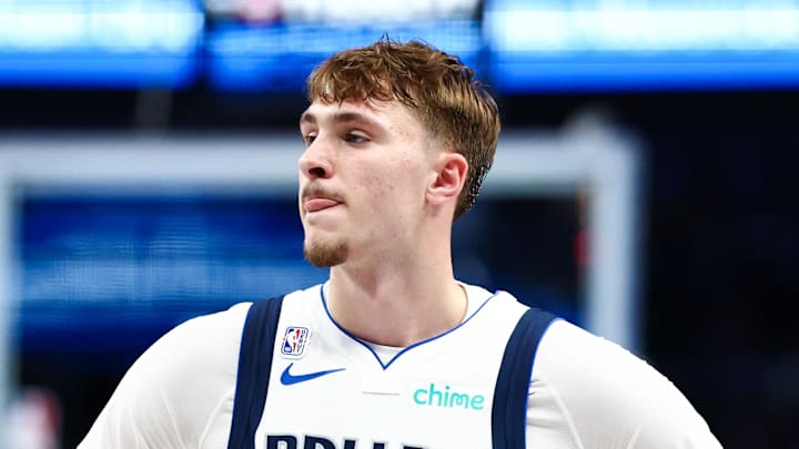 Oct 22, 2025; Dallas, Texas, USA;  Dallas Mavericks forward Cooper Flagg (32) reacts against the San Antonio Spurs  during the second half at American Airlines Center. Mandatory Credit: Kevin Jairaj-Imagn Images