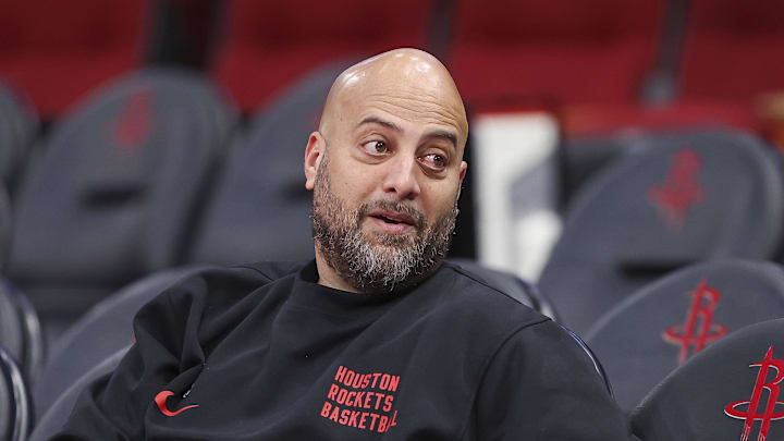 Nov 24, 2023; Houston, Texas, USA; Houston Rockets general manager Rafael Stone talks before the game against the Denver Nuggets at Toyota Center. Mandatory Credit: Troy Taormina-Imagn Images