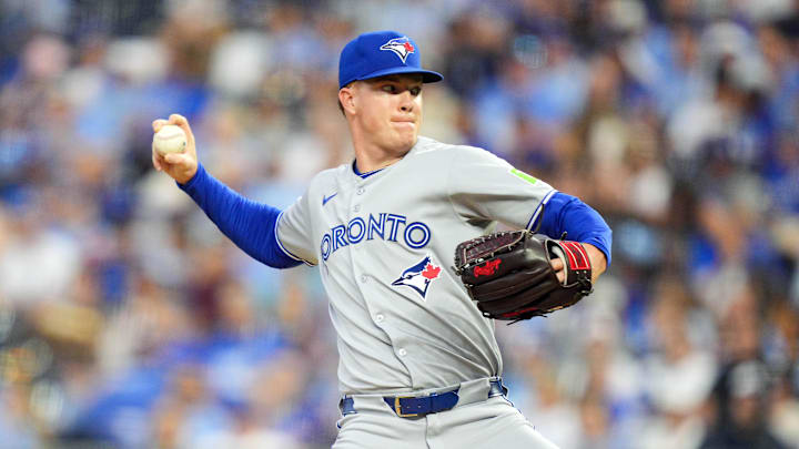 Toronto Blue Jays relief pitcher Braydon Fisher (63) pitches during the first inning against the Kansas City Royals at Kauffman Stadium. 