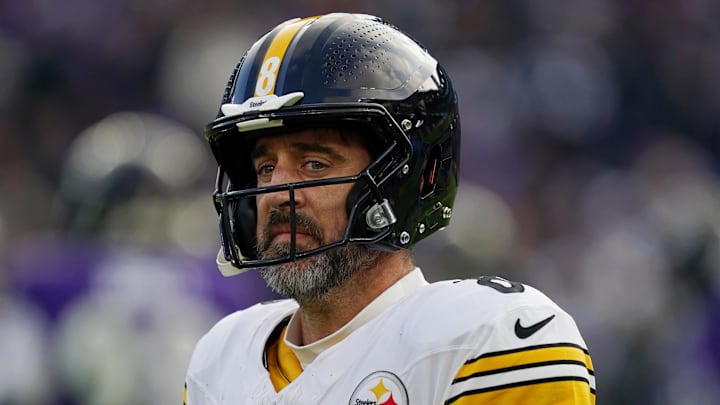 Pittsburgh Steelers quarterback Aaron Rodgers reacts after a play against the Baltimore Ravens