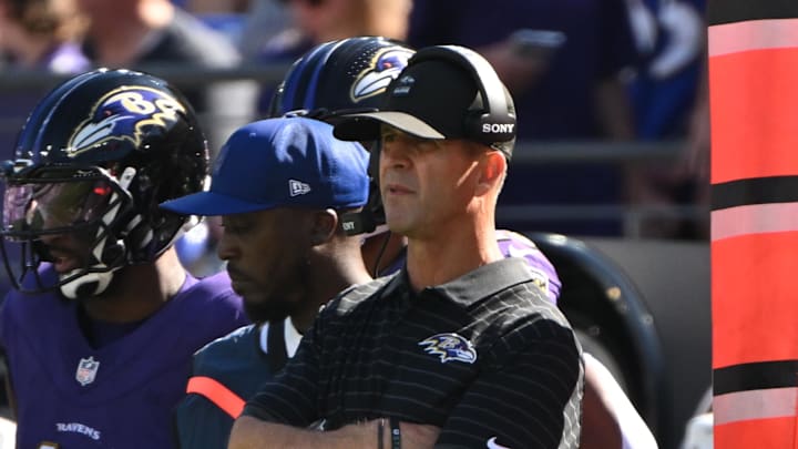 Oct 5, 2025; Baltimore, Maryland, USA; Baltimore Ravens head coach John Harbaugh stands on the sidelines during the third quarter against the Houston Texans at M&T Bank Stadium. Mandatory Credit: Rafael Suanes-Imagn Images Oct 5, 2025; Baltimore, Maryland, USA; Baltimore Ravens head coach John Harbaugh stands on the sidelines during the third quarter against the Houston Texans at M&T Bank Stadium. Mandatory Credit: Rafael Suanes-Imagn Images