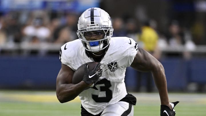 Oct 20, 2024; Inglewood, California, USA; Las Vegas Raiders running back Zamir White (3) runs after a catch against the Los Angeles Rams during the second half at SoFi Stadium. Mandatory Credit: Alex Gallardo-Imagn Images