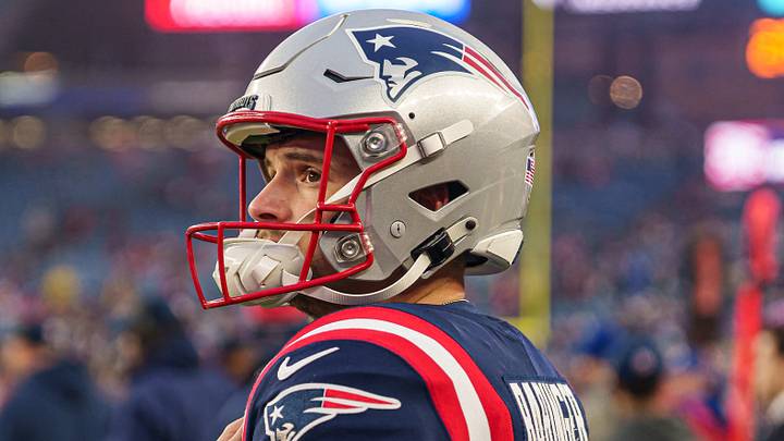 Dec 28, 2024; Foxborough, Massachusetts, USA; New England Patriots punter Bryce Baringer (17) on the sideline as they take on the Los Angeles Chargers in the second half at Gillette Stadium. Mandatory Credit: David Butler II-Imagn Images