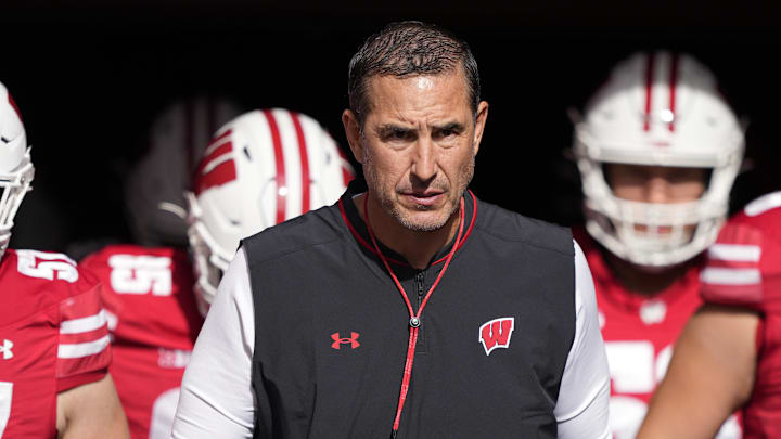 Oct 18, 2025; Madison, Wisconsin, USA; Wisconsin Badgers head coach Luke Fickell during warmups prior to the game against the Ohio State Buckeyes at Camp Randall Stadium. Oct 18, 2025; Madison, Wisconsin, USA; Wisconsin Badgers head coach Luke Fickell during warmups prior to the game against the Ohio State Buckeyes at Camp Randall Stadium.