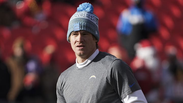 Dec 14, 2025; Kansas City, Missouri, USA; Los Angeles Chargers quarterback Justin Herbert (10) participates in early pregame warmups against the Kansas City Chiefs at GEHA Field at Arrowhead Stadium. Dec 14, 2025; Kansas City, Missouri, USA; Los Angeles Chargers quarterback Justin Herbert (10) participates in early pregame warmups against the Kansas City Chiefs at GEHA Field at Arrowhead Stadium.