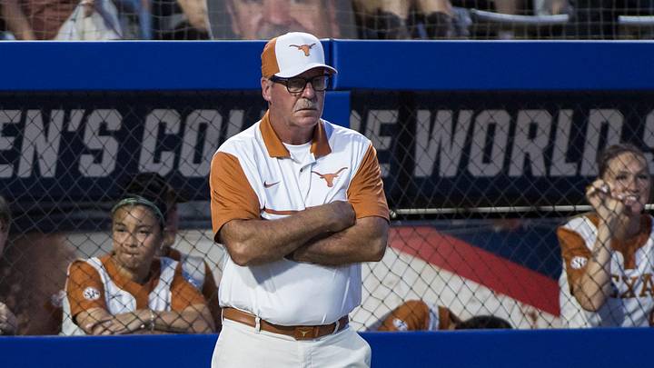 Texas Longhorns head coach Mike White waits on the outcome of a review in the fifth inning against the Texas Tech Red Raiders.