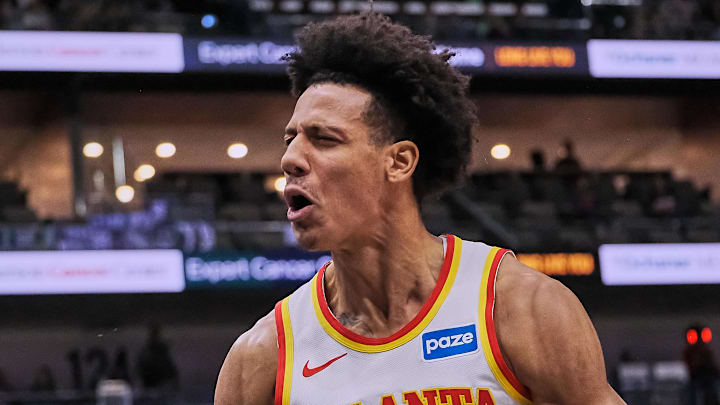 Nov 22, 2025; New Orleans, Louisiana, USA;  Atlanta Hawks forward Jalen Johnson (1) reacts against the New Orleans Pelicans at Smoothie King Center during the first half of the game. Mandatory Credit: Daniel Anderson-Imagn Images