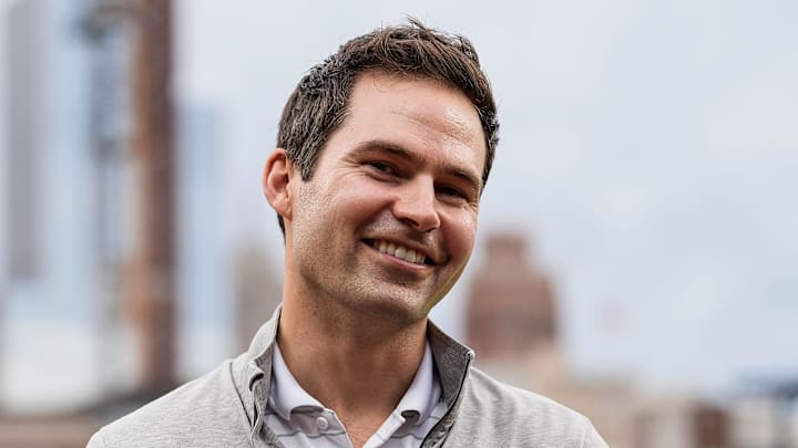 Detroit Tigers president of baseball operations Scott Harris talks to a TV reporter before a game against Chicago White Sox at Comerica Park in Detroit on Friday, Sept. 27, 2024. Detroit Tigers president of baseball operations Scott Harris talks to a TV reporter before a game against Chicago White Sox at Comerica Park in Detroit on Friday, Sept. 27, 2024.