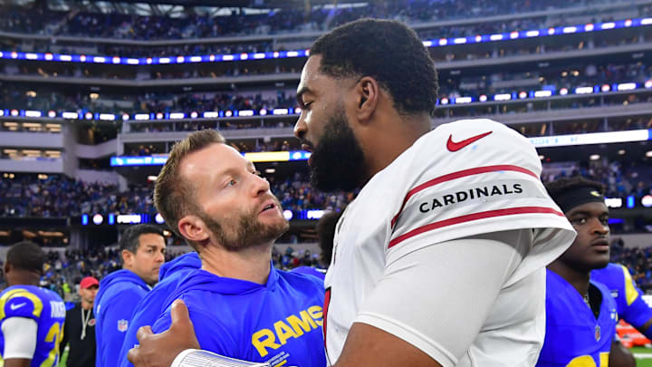 Jan 4, 2026; Inglewood, California, USA;  Los Angeles Rams head coach Sean McVay and Arizona Cardinals quarterback Jacoby Brissett (7)  talk following a game at SoFi Stadium. Mandatory Credit: Gary A. Vasquez-Imagn Images
