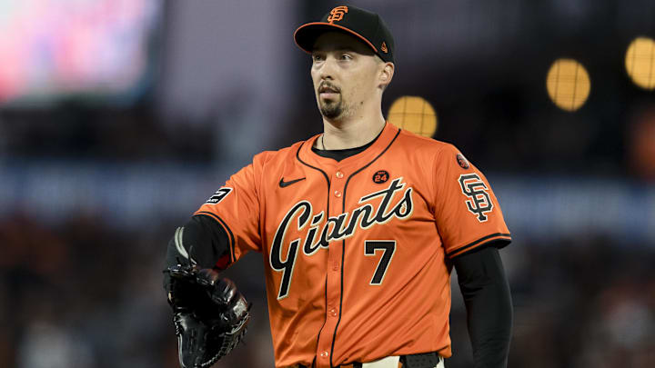 Aug 30, 2024; San Francisco, California, USA; San Francisco Giants starting pitcher Blake Snell (7) prepares to throw against the Miami Marlins during the third inning at Oracle Park`