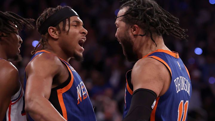 Apr 30, 2024; New York, New York, USA; New York Knicks guard Miles McBride (2) celebrates with guard Jalen Brunson (11) during the fourth quarter of game 5 of the first round of the 2024 NBA playoffs against the Philadelphia 76ers at Madison Square Garden. Mandatory Credit: Brad Penner-Imagn Images