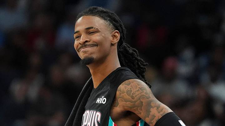 Grizzlies' Ja Morant (12) reacts during the home opener against the New Orleans Pelicans at FedExForum on October 22, 2025.