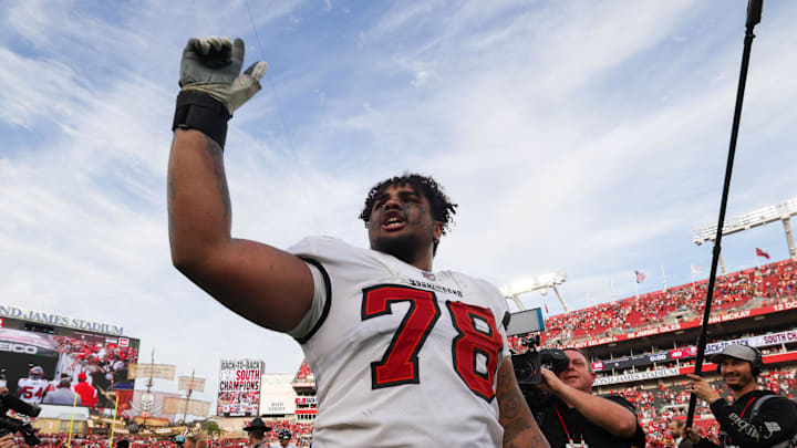 Tampa Bay Buccaneers offensive tackle Tristan Wirfs celebrates after beating the Carolina Panthers. Tampa Bay Buccaneers offensive tackle Tristan Wirfs celebrates after beating the Carolina Panthers.
