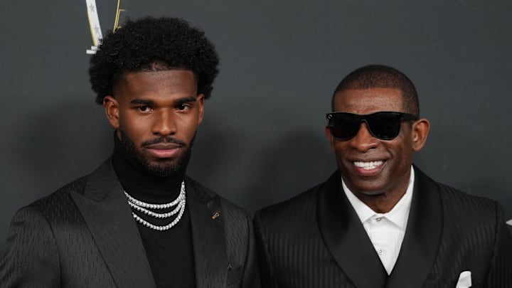 Feb 6, 2025; New Orleans, LA, USA; Deion Sanders (right) with his son Shedeur Sanders on the red carpet before Super Bowl LIX NFL Honors at Saenger Theatre. Mandatory Credit: Kirby Lee-Imagn Images Feb 6, 2025; New Orleans, LA, USA; Deion Sanders (right) with his son Shedeur Sanders on the red carpet before Super Bowl LIX NFL Honors at Saenger Theatre. Mandatory Credit: Kirby Lee-Imagn Images