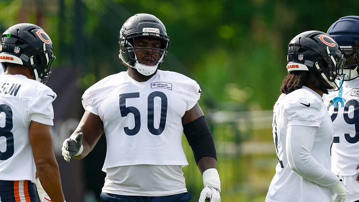 Jul 31, 2026; Lake Forest, IL, USA; Chicago Bears defensive end Grady Jarrett (50) talks to his teammates during Training Camp at Halas Hall. Mandatory Credit: Kamil Krzaczynski-Imagn Images