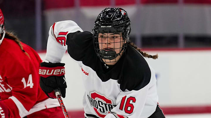 Ohio State Buckeyes forward Joy Dunne (16) skates with the puck in the second period at the Schottenstein Center on Saturday, Oct. 26, 2024 in Columbus, Ohio.