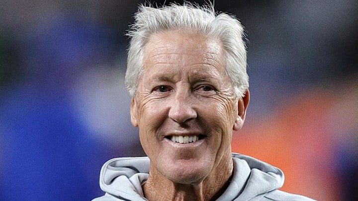 Nov 6, 2025; Denver, Colorado, USA; Las Vegas Raiders head coach Pete Carroll before the game at Empower Field at Mile High. Mandatory Credit: Isaiah J. Downing-Imagn Images