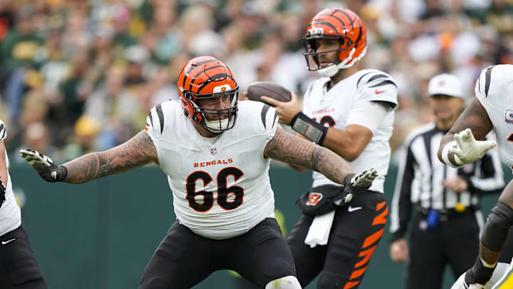 Oct 12, 2025; Green Bay, Wisconsin, USA;  Cincinnati Bengals guard Dalton Risner (66) during the game against the Green Bay Packers at Lambeau Field. Mandatory Credit: Jeff Hanisch-Imagn Images