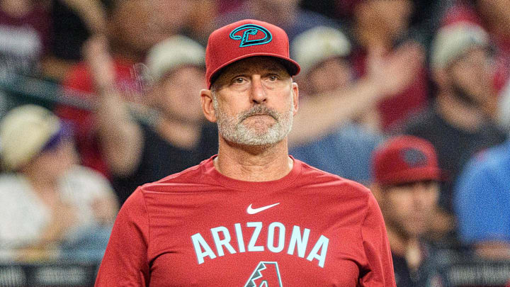 Sep 21, 2025; Phoenix, Arizona, USA; Arizona Diamondbacks manager Torey Lovullo (17) reacts after infielder Ketel Marte (not shown) was hit by a pitch in the sixth inning against the Philadelphia Phillies at Chase Field. Mandatory Credit: Allan Henry-Imagn Images