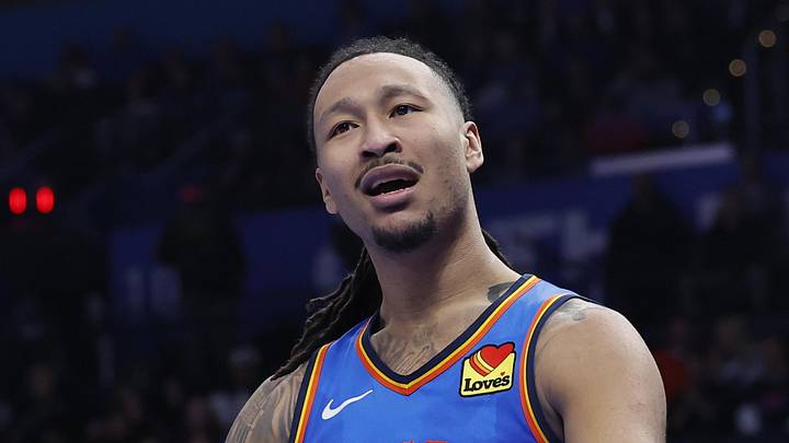 Jan 27, 2026; Oklahoma City, Oklahoma, USA; Oklahoma City Thunder forward Jaylin Williams (6) reacts to an officials call after a play against the New Orleans Pelicans during the second half at Paycom Center. Mandatory Credit: Alonzo Adams-Imagn Images