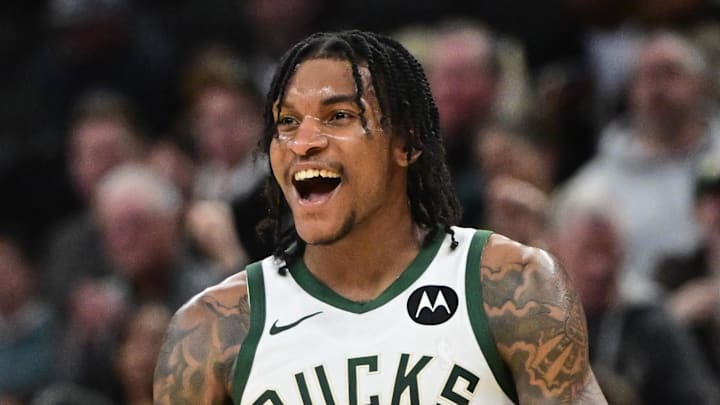 Milwaukee Bucks guard Kevin Porter (7) reacts after leading the  Bucks to a win over the Miami Heat at Fiserv Forum on February 24, 2026.