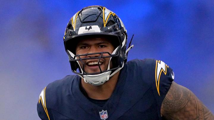 Oct 23, 2025; Inglewood, California, USA;  Los Angeles Chargers linebacker Tuli Tuipulotu (45) is introduced for the game against the Minnesota Vikings at SoFi Stadium. Mandatory Credit: Jayne Kamin-Oncea-Imagn Images