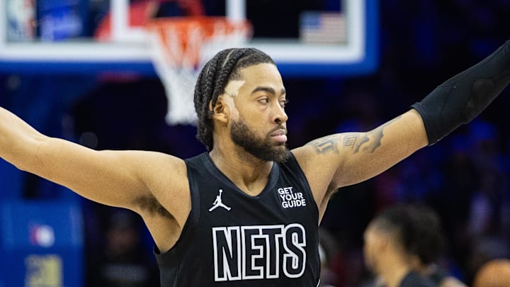 Feb 22, 2025; Philadelphia, Pennsylvania, USA; Brooklyn Nets forward Trendon Watford (9) reacts after a score against the Philadelphia 76ers during the fourth quarter at Wells Fargo Center. Mandatory Credit: Bill Streicher-Imagn Images
