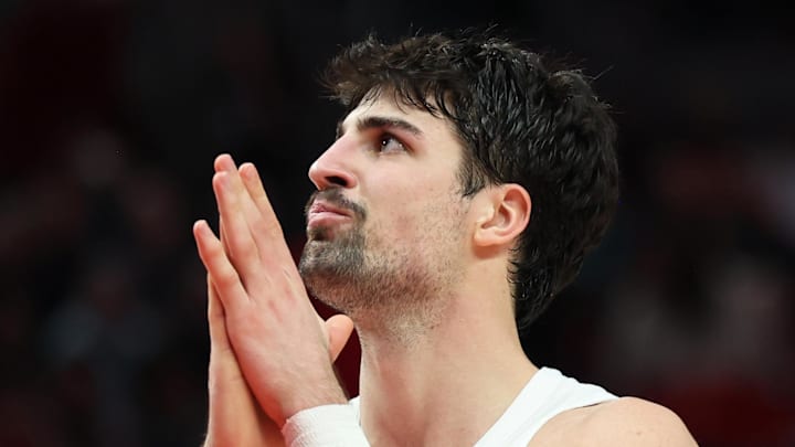 Portland Trail Blazers forward Deni Avdija reacts to gameplay against the Charlotte Hornets.