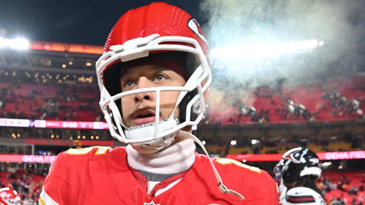 Dec 7, 2025; Kansas City, Missouri, USA; Kansas City Chiefs quarterback Patrick Mahomes (15) walks off the field after the game against the Houston Texans at GEHA Field at Arrowhead Stadium. Mandatory Credit: Amy Kontras-Imagn Images