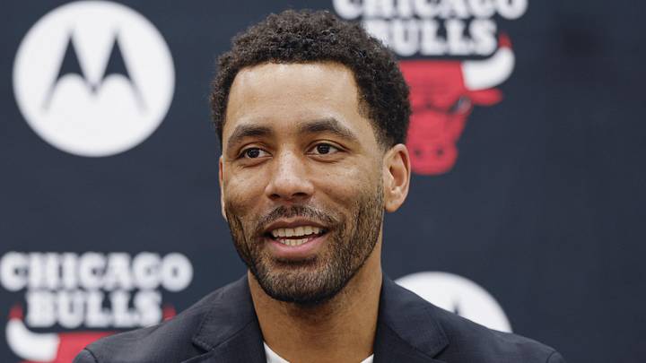 Jun 17, 2026; Chicago, Il, USA; Chicago Bulls Executive Vice President of Basketball Operations Bryson Graham introduces Chicago Bulls new head coach Tiago Splitter during a press conference at Advocate Center. Mandatory Credit: Kamil Krzaczynski-Imagn Images
