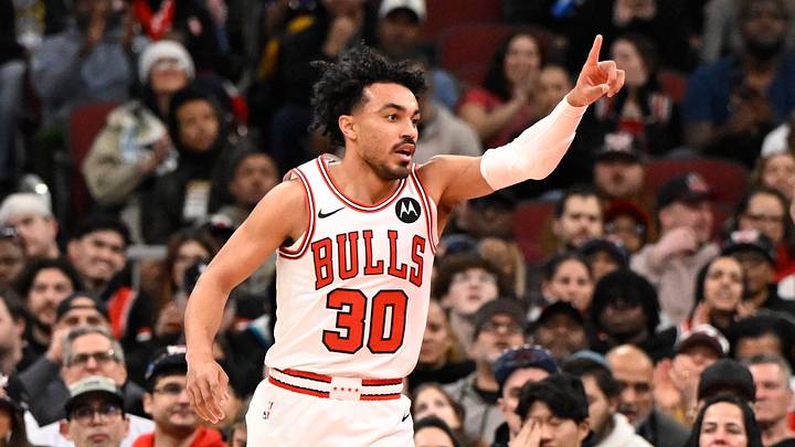 Feb 24, 2026; Chicago, Illinois, USA;  Chicago Bulls guard Tre Jones (30) points after scoring against the Charlotte Hornets during the first half at United Center. Mandatory Credit: Matt Marton-Imagn Images