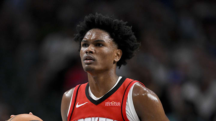 Feb 8, 2025; Dallas, Texas, USA; Houston Rockets forward Amen Thompson (1) in action during the game between the Dallas Mavericks and the Houston Rockets at the American Airlines Center. Mandatory Credit: Jerome Miron-Imagn Images