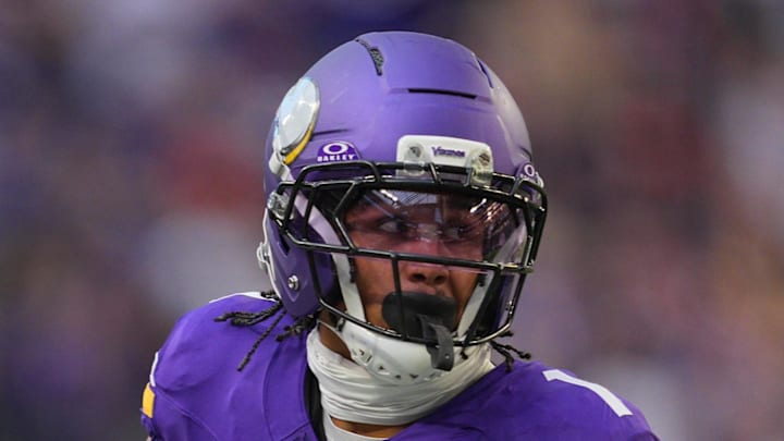 Nov 16, 2025; Minneapolis, Minnesota, USA; Minnesota Vikings wide receiver Jalen Nailor (1) runs for a gain during the fourth quarter against the Chicago Bears at U.S. Bank Stadium. Mandatory Credit: Brad Rempel-Imagn Images